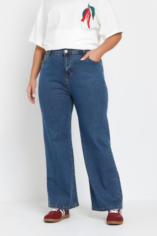 evans YOURS Curve Mid Blue Wide Leg Denim Jeans