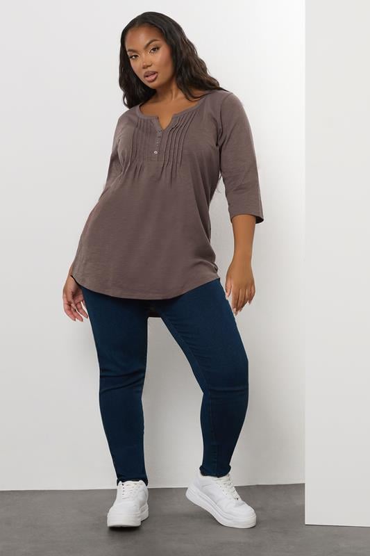 Evans YOURS Curve Mocha Brown Pintuck Henley Top