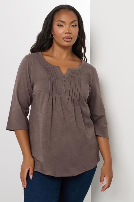 evans YOURS Curve Mocha Brown Pintuck Henley Top