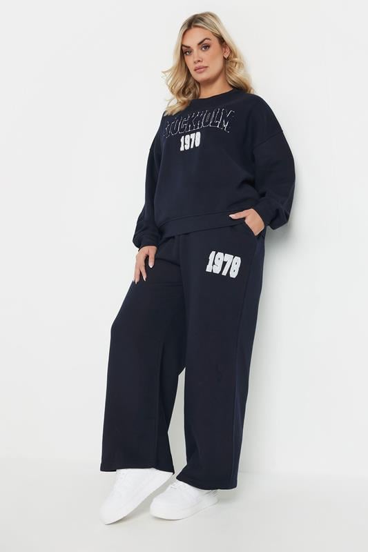 Evans YOURS Curve Navy Blue '1978' Wide Leg Joggers