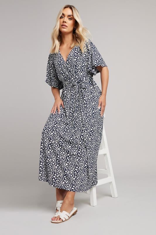 evans YOURS Curve Navy Blue Abstract Wrap Dress
