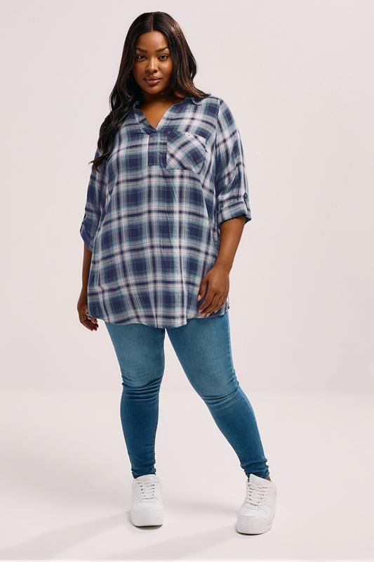 Evans YOURS Curve Navy Blue Check Overhead Shirt