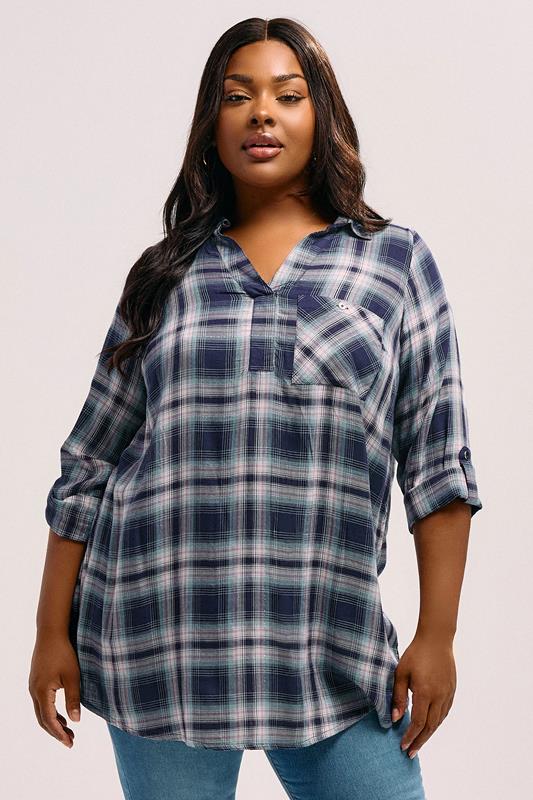 evans YOURS Curve Navy Blue Check Overhead Shirt