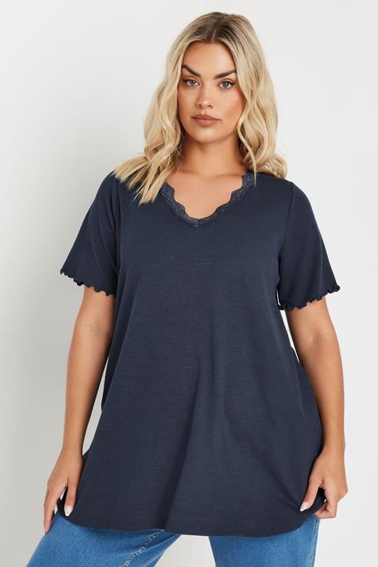 Evans YOURS Curve Navy Blue Lace Detail Top