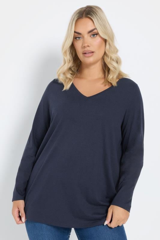 evans YOURS Curve Navy Blue Long Sleeve T-Shirt