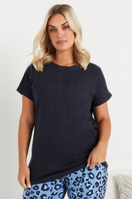 evans YOURS Curve Navy Blue Placket Pyjama Top