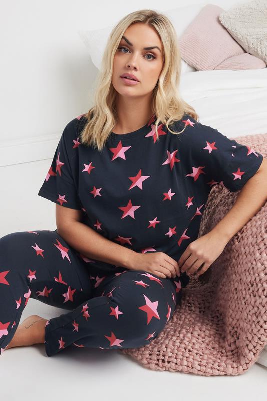 Evans YOURS Curve Navy Blue Star Print Pyjama Set