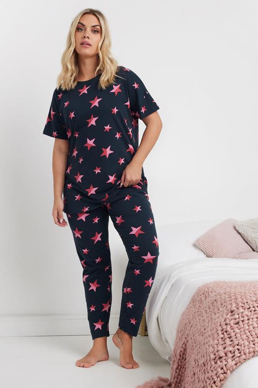 evans YOURS Curve Navy Blue Star Print Pyjama Set