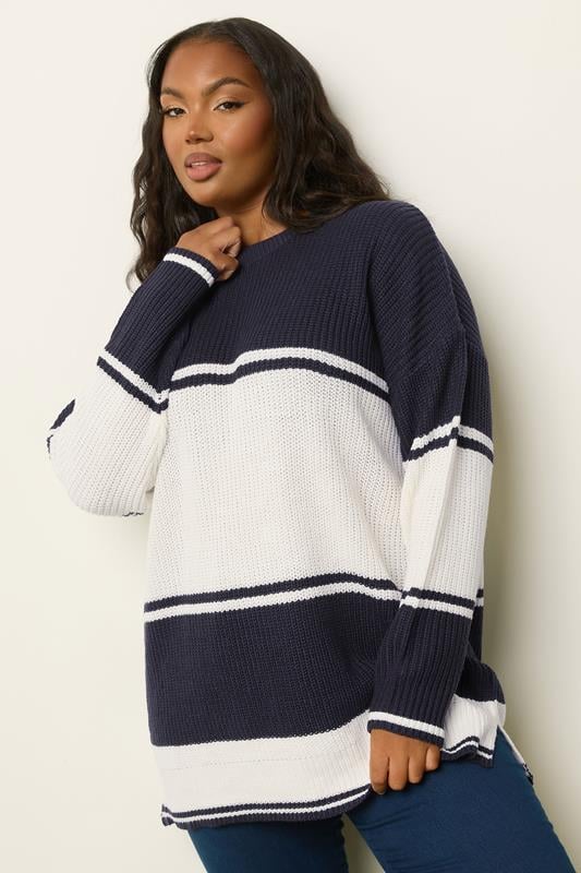Evans YOURS Curve Navy Blue Stripe Knitted Jumper
