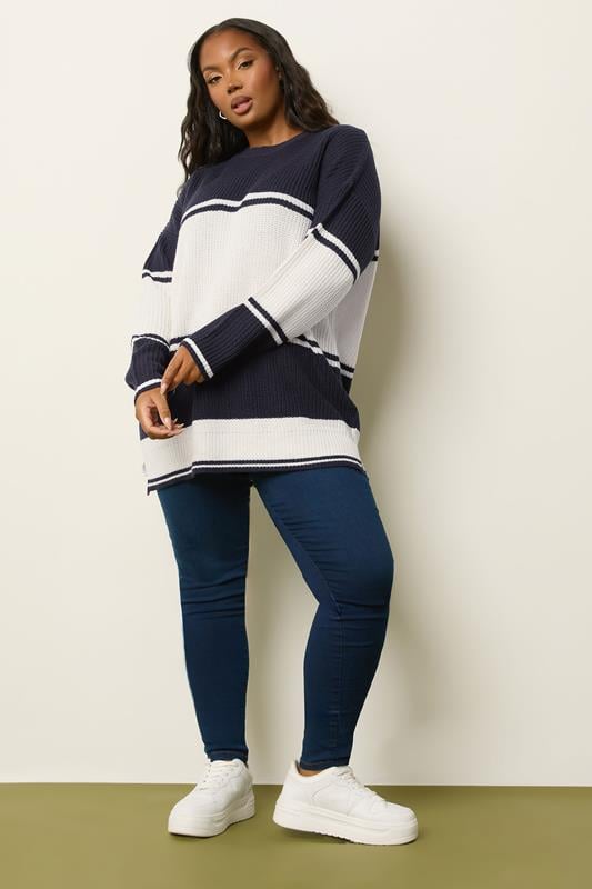 Evans YOURS Curve Navy Blue Stripe Knitted Jumper