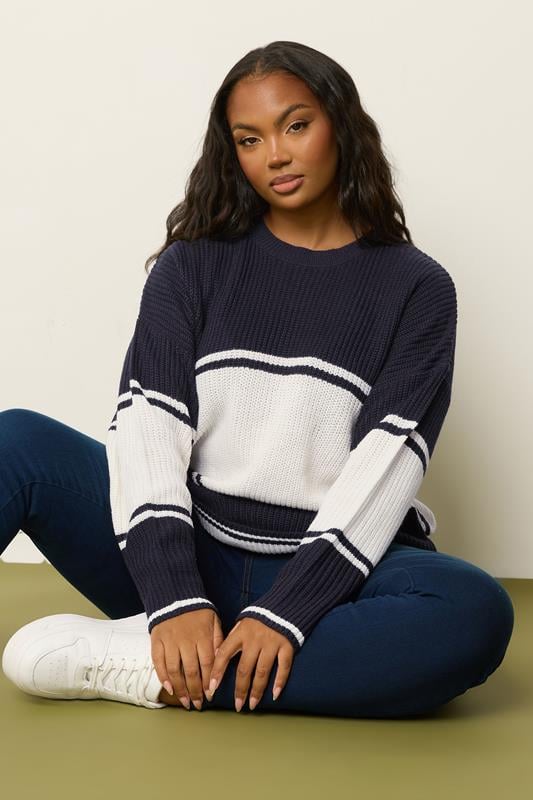 evans YOURS Curve Navy Blue Stripe Knitted Jumper