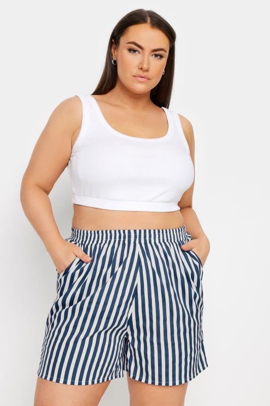 evans YOURS Curve Navy Blue Stripe Print Shorts