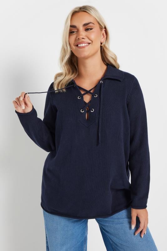 Evans YOURS Curve Navy Blue Tie Neck Jumper