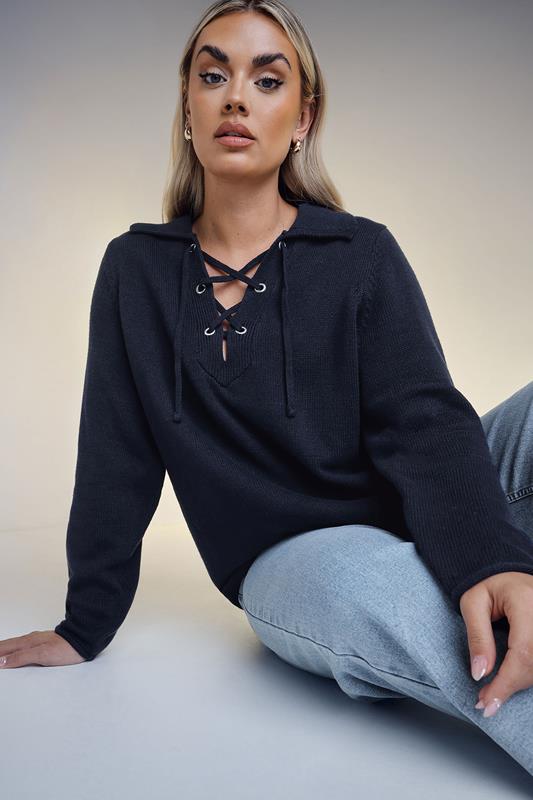 evans YOURS Curve Navy Blue Tie Neck Jumper