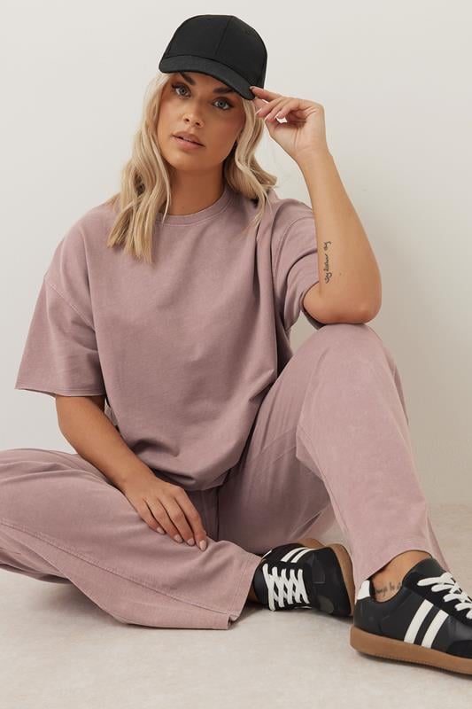 evans YOURS Curve Pink Acid Wash Wide Leg Joggers