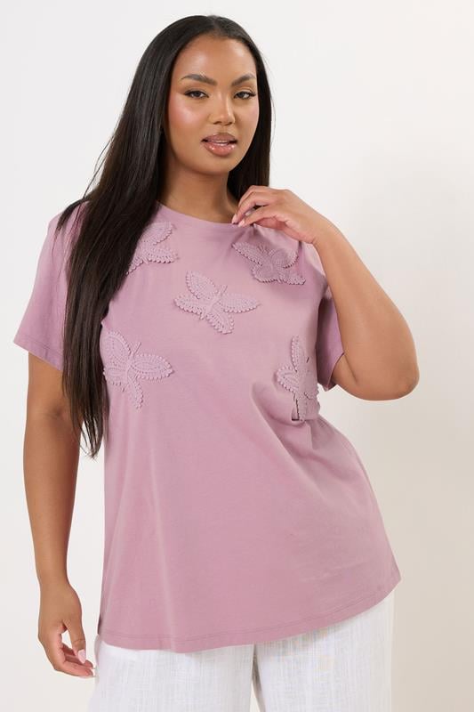 evans YOURS Curve Pink Applique Butterfly T-Shirt