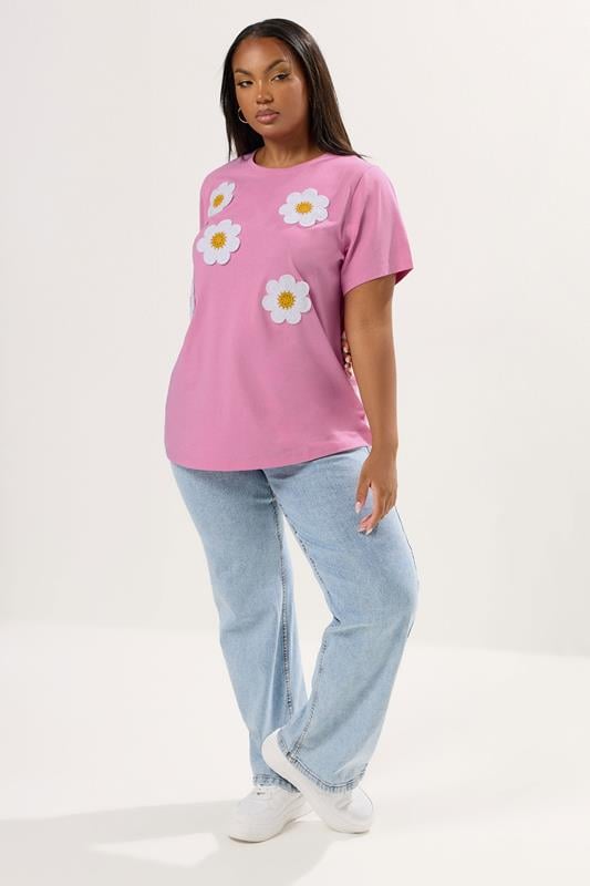 Evans YOURS Curve Pink Applique Daisy T-Shirt