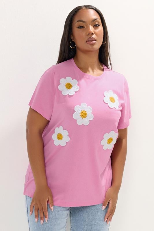 evans YOURS Curve Pink Applique Daisy T-Shirt