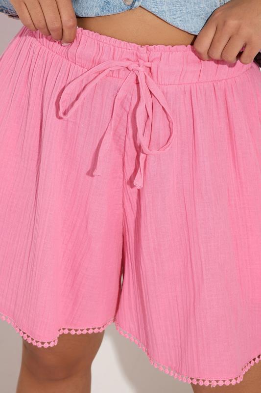 Evans YOURS Curve Pink Crinkle Crochet Trim Shorts