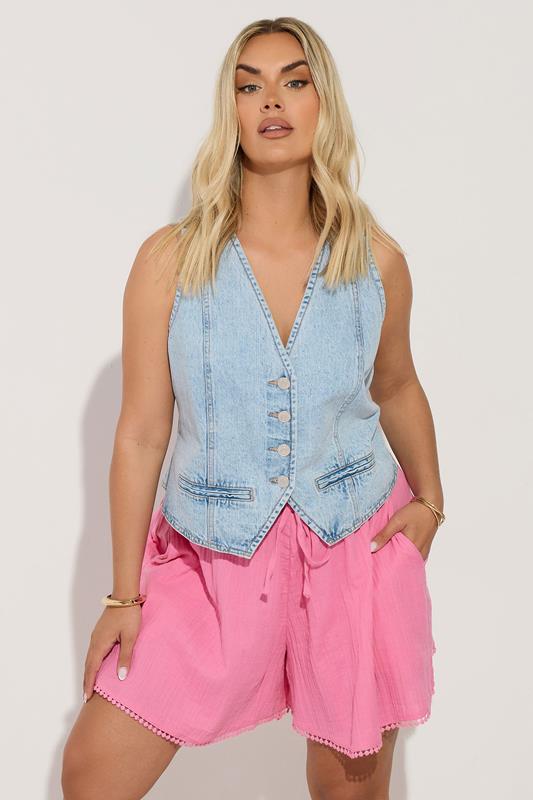 evans YOURS Curve Pink Crinkle Crochet Trim Shorts