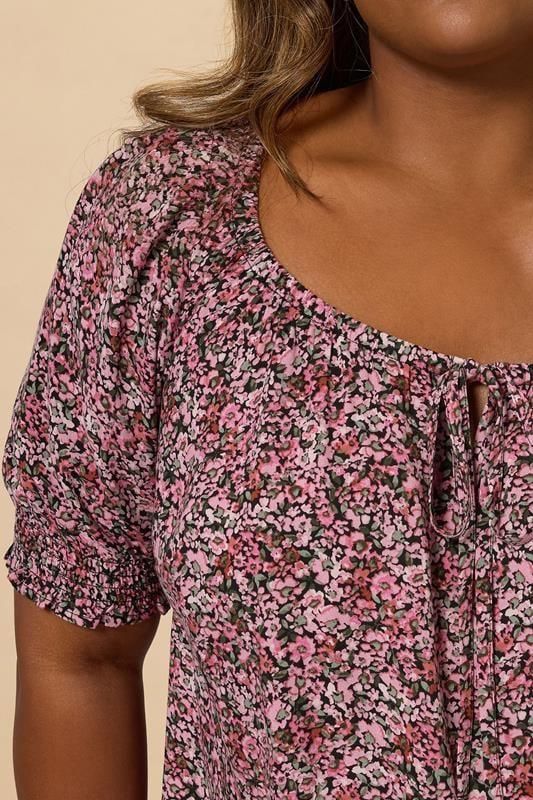 Evans YOURS Curve Pink Ditsy Floral Tie Front Top