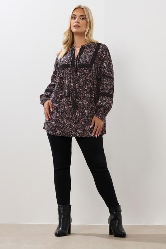 Evans YOURS Curve Pink Floral Crochet Trim Blouse