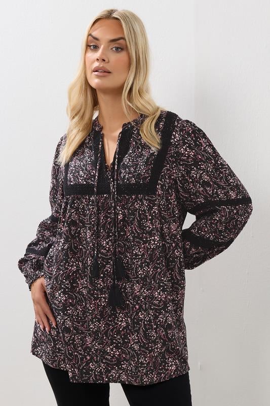 evans YOURS Curve Pink Floral Crochet Trim Blouse