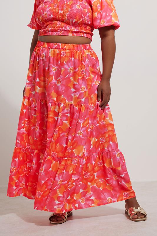 Evans YOURS Curve Pink Floral Tiered Maxi Skirt