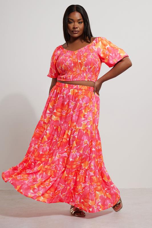 evans YOURS Curve Pink Floral Tiered Maxi Skirt