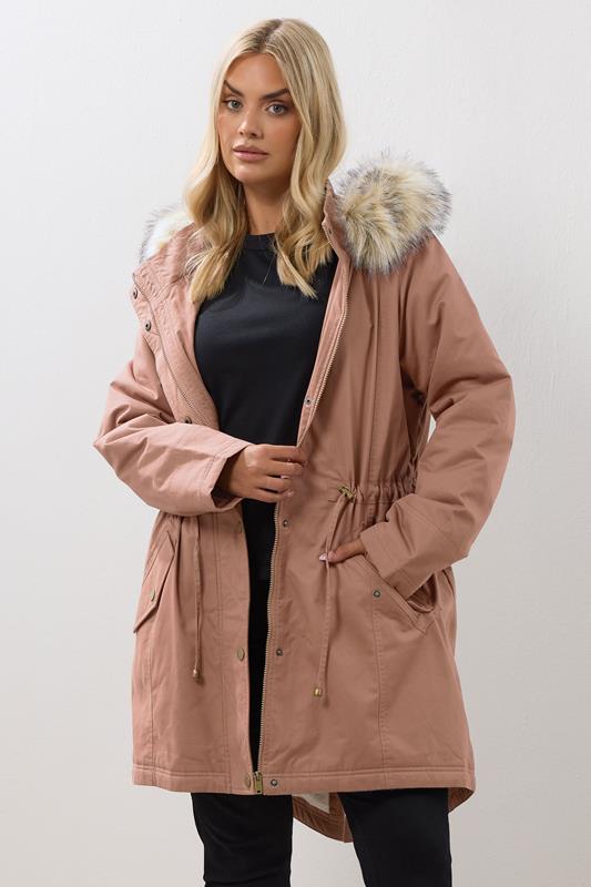 evans YOURS Curve Pink Fur Trim Parka Coat