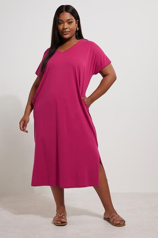 evans YOURS Curve Pink Grown On Sleeve Midi Dress