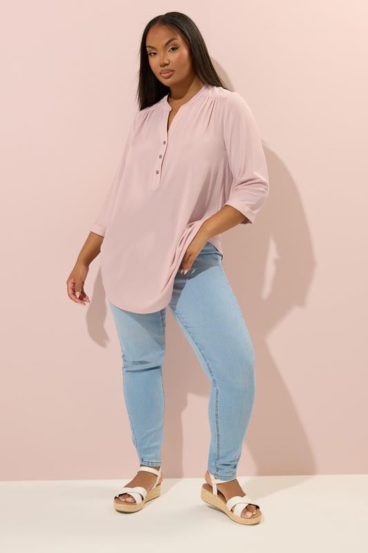 Evans YOURS Curve Pink Half Placket Ribbed Shirt