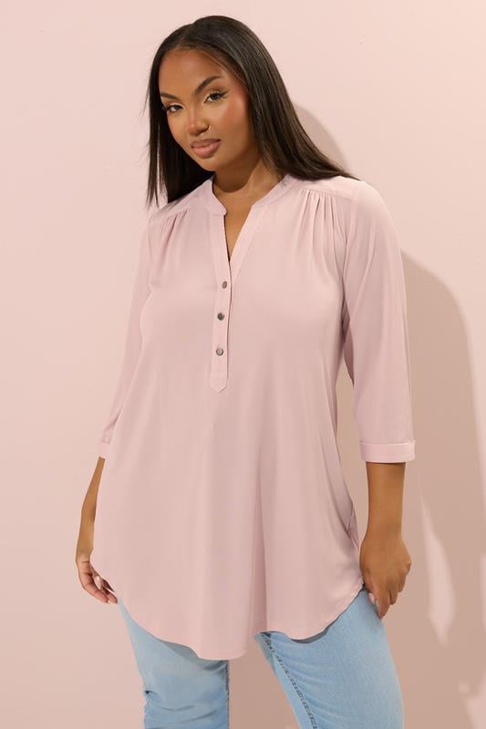 evans YOURS Curve Pink Half Placket Ribbed Shirt