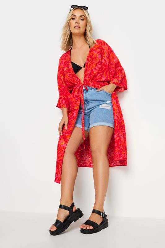 Evans Yours Curve Pink Leaf Print Midi Kimono
