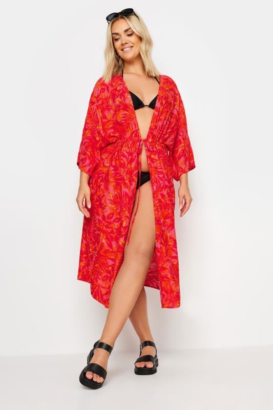 evans Yours Curve Pink Leaf Print Midi Kimono