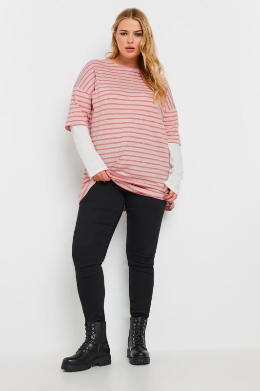 Evans YOURS Curve Pink Stripe Double Layer Top