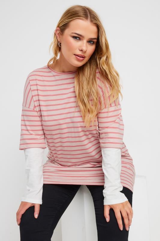 evans YOURS Curve Pink Stripe Double Layer Top