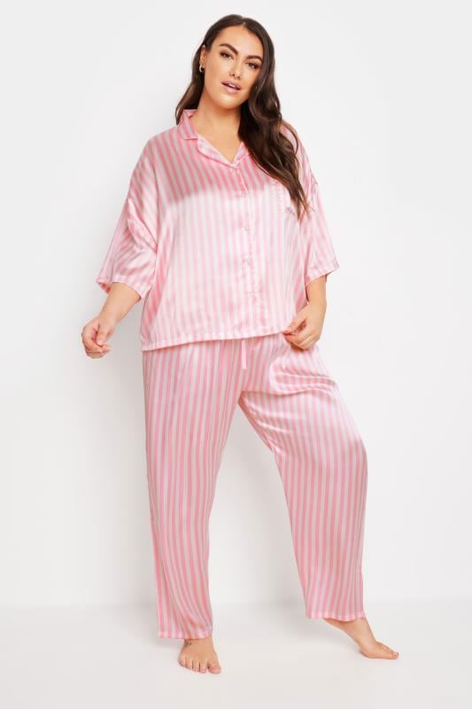 Evans YOURS Curve Pink Stripe Satin Pyjama Set
