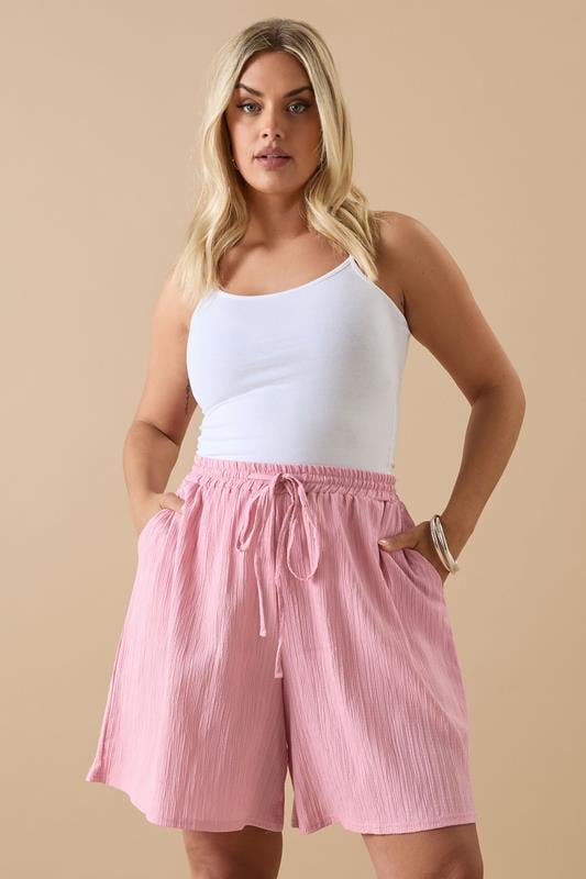 evans YOURS Curve Pink Textured Tie Front Shorts