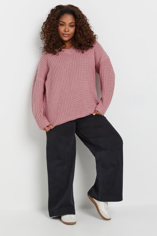 Evans YOURS Curve Pink Waffle Knit V-Neck Jumper