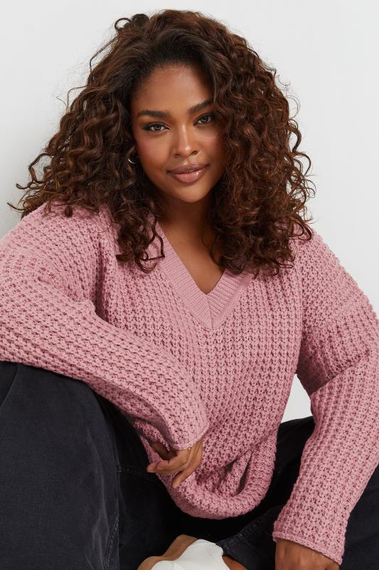 Evans YOURS Curve Pink Waffle Knit V-Neck Jumper