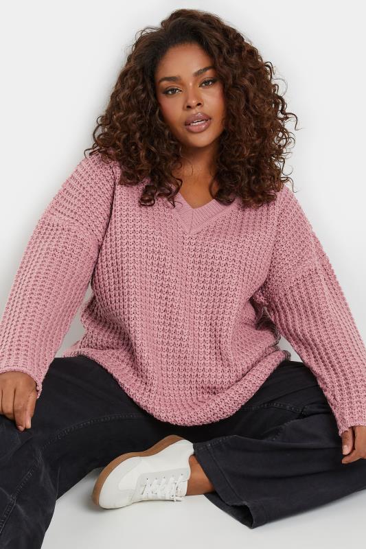 evans YOURS Curve Pink Waffle Knit V-Neck Jumper