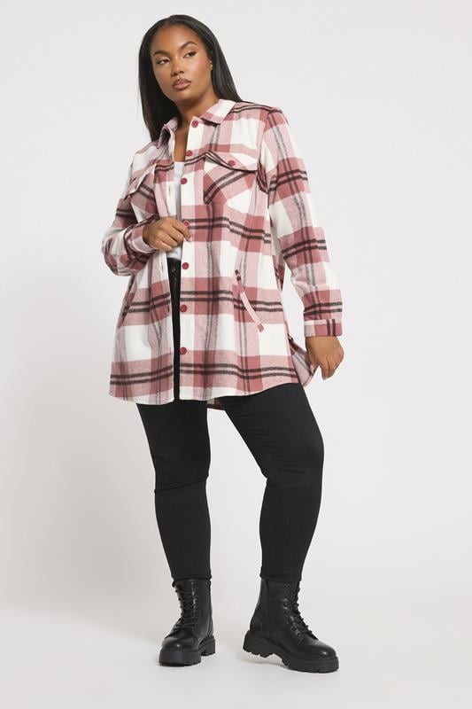 evans YOURS Curve Pink & White Check Shacket