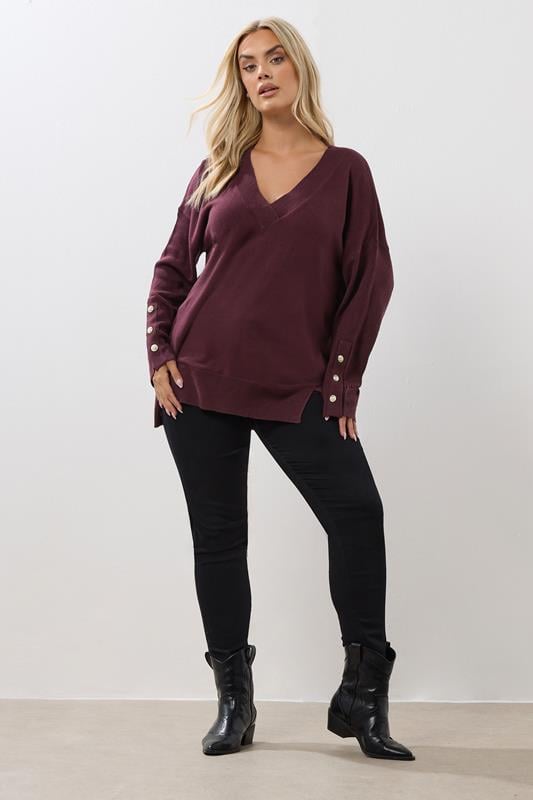 Evans YOURS Curve Purple Button V-Neck Jumper