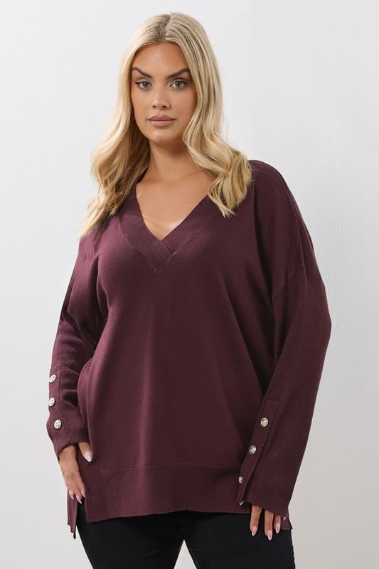 evans YOURS Curve Purple Button V-Neck Jumper