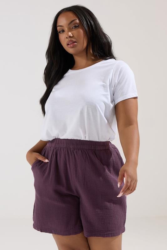 evans YOURS Curve Purple Cotton Cheesecloth Shorts