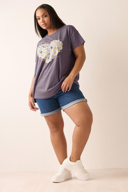 Evans YOURS Curve Purple Daisy Heart Print T-Shirt