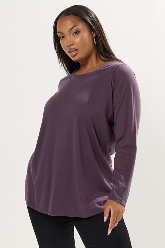 evans YOURS Curve Purple Long Sleeve Core T-Shirt