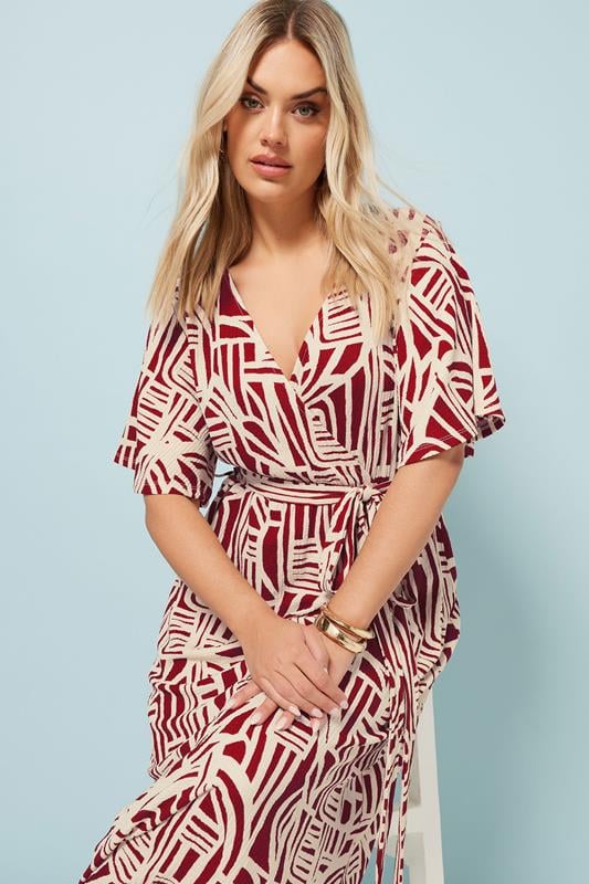Evans YOURS Curve Red Abstract Textured Wrap Dress