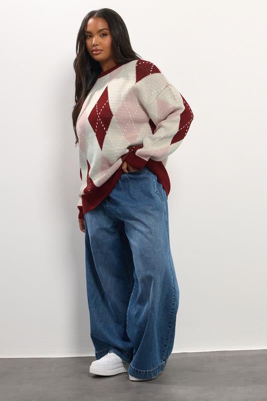 Evans YOURS Curve Red Argyle Knitted Jumper